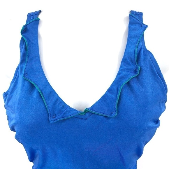 Vintage 80’s Ebb Tide One Piece Swimsuit Belted Bathing Suit Blue Pinup L / 16 - Picture 2 of 11
